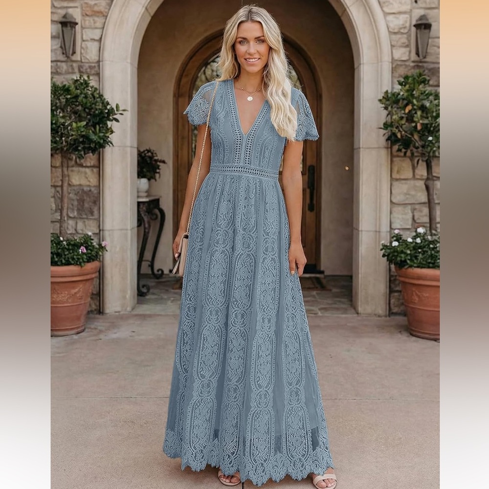 MEROKEETY V Neck Short Sleeve Floral Lace Wedding Dress A Line Boho Maxi Dress - Picture 2 of 9